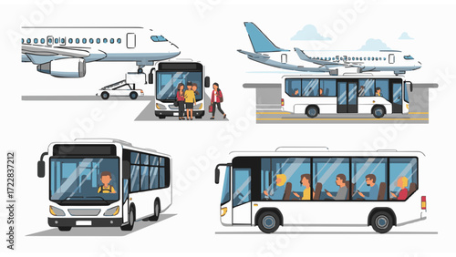 Collection of vector illustrations depicting airport shuttle bus services for passenger ground transportation and transfers to the aircraft