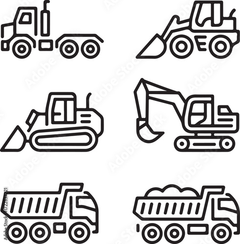 Set of six black line art icons depicting construction vehicles and trucks heavy machinery