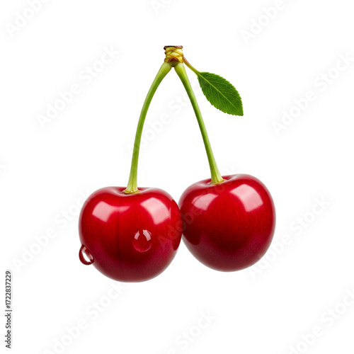 Two Fresh Red Cherries on Stems with Leaf transparent background 