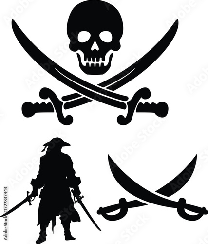  Pirate Captain Silhouette with Sword Ready for Battle Adventure Vector Design