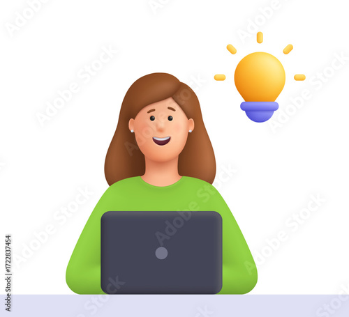 Young smiling woman Kate working on the laptop computer with yellow light bulb. Freelance job, creativity innovation, inspiration, new idea concept. 3d vector people character. Cartoon minimal style.