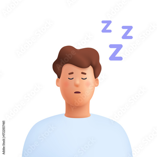 Man James sleeping and snoring with open mouth and with noise sound zzz's. Sleep apnea, snoring, medical health concept. 3d vector people character. Cartoon minimal style.