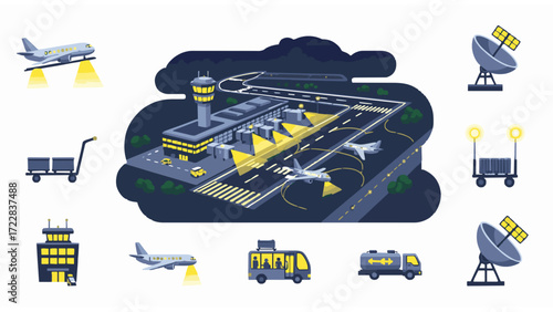 Airport Illustration Nighttime Aerial View of Planes, Control Tower, and Support Vehicles