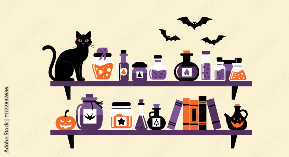 Fototapeta premium Spooky Halloween shelf displays potion bottles, a black cat, and ancient books.