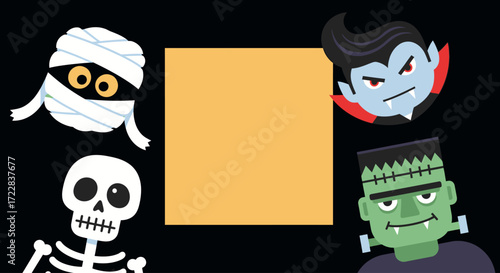 Halloween monsters surround blank space for text or image.