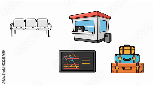 Travel preparation and waiting at a transportation hub with luggage, ticket counter, and departure board