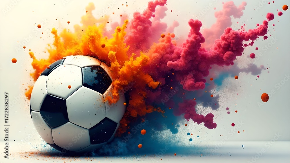 Naklejka premium Dynamic soccer ball surrounded by colorful powder explosion at a creative art studio