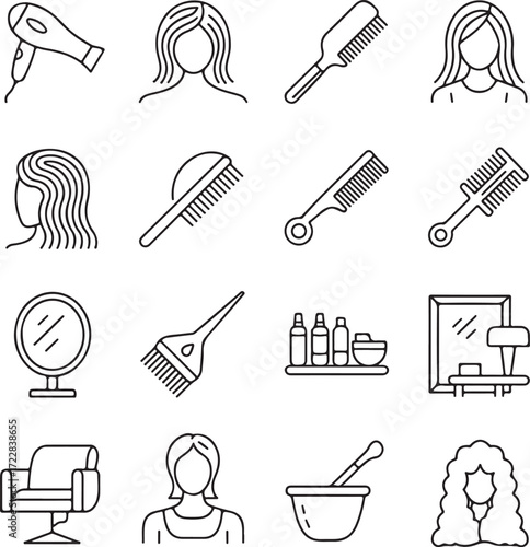 Set of sixteen minimalist line art icons for hair salon and beauty services hair dryer comb