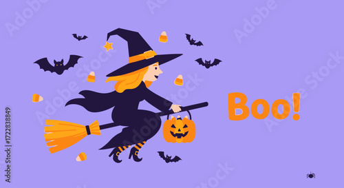 A cartoon witch with blonde hair flies on a broomstick carrying a pumpkin candy bag, surrounded by bats and candy corn with the text "Boo!".