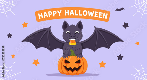 Adorable cartoon bat perched on a jack-o'-lantern, celebrating Halloween.