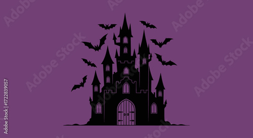 Silhouette of a gothic castle with flying bats against a purple background.