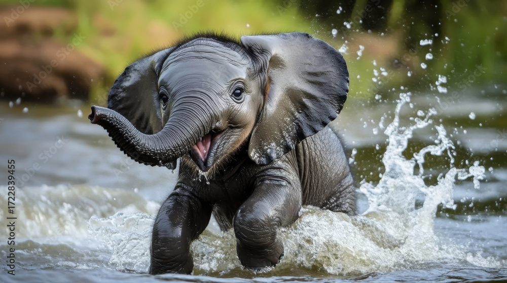 Fototapeta premium Cute Baby Elephant Playing In The Water