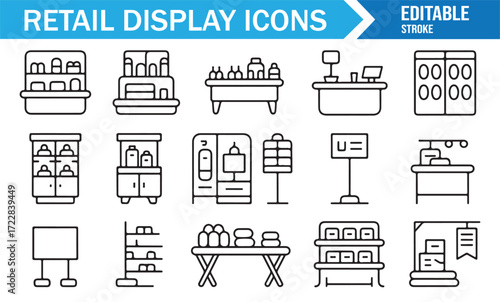 Shop furniture and display icons set for merchandising and counters