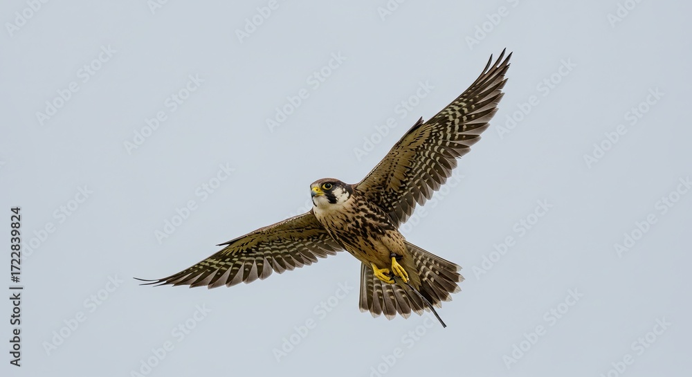 Fototapeta premium A majestic merlin falcon soars through a pale, overcast sky with its wings fully extended in flight.