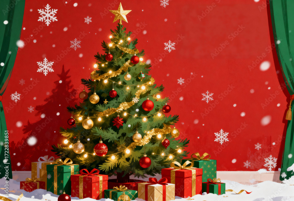 Fototapeta premium Festive Christmas tree with snowflakes and gifts on red background