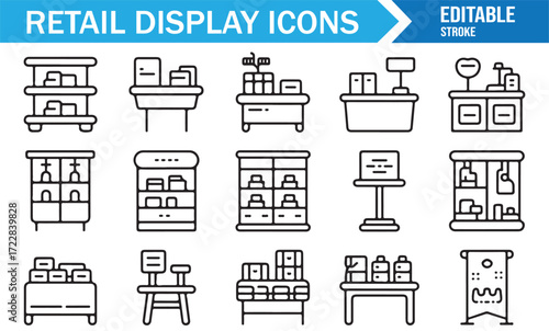 Market display icon set featuring product stands, signage, and showcases