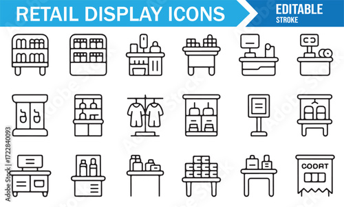 Editable stroke retail display icons set with shop shelves and counters