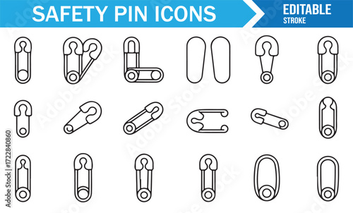 Sewing tool safety pin icons outline pack for clothing and wardrobe use