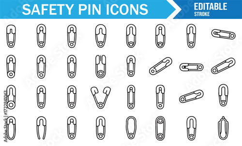 Minimal flat style safety pin icons editable stroke vector design set