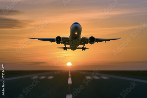 Airplane taking off at sunset with glowing sky. Inspirational travel banner for airlines, agencies, and tourism ads.