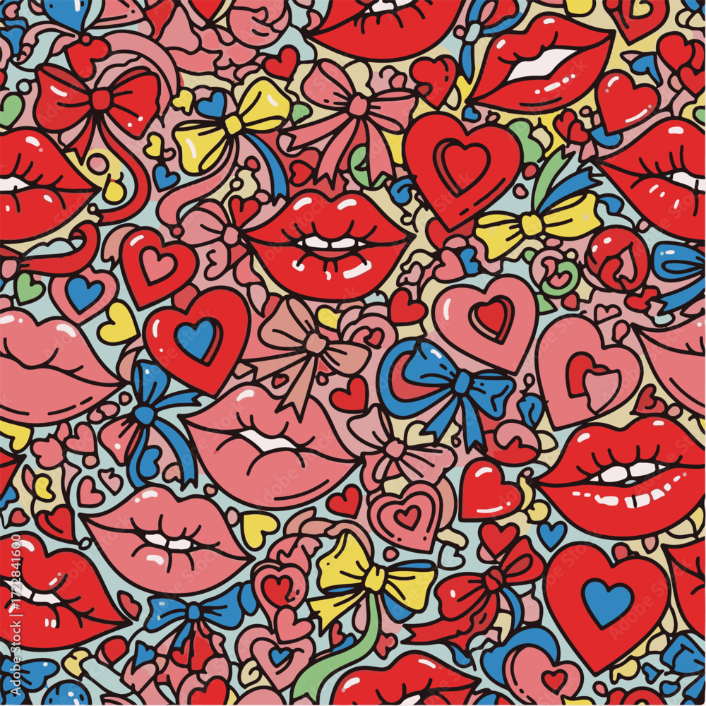 Fototapeta premium Vibrant Seamless Love Pattern with Cartoon Lips, Hearts, and Bows