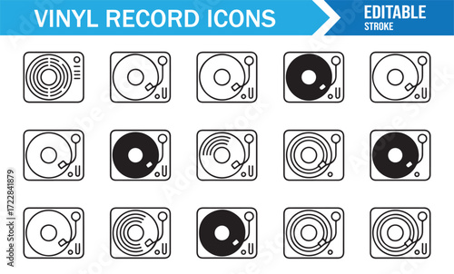 DJ music turntable icons collection featuring vinyl records and players