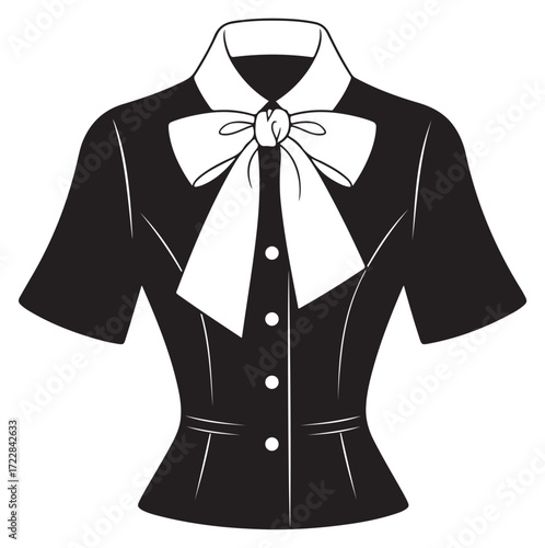A black short-sleeved blouse with a white collar and a large white bow tie.