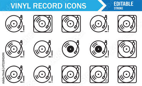Retro vinyl record icons outline style turntable disc player vector collection