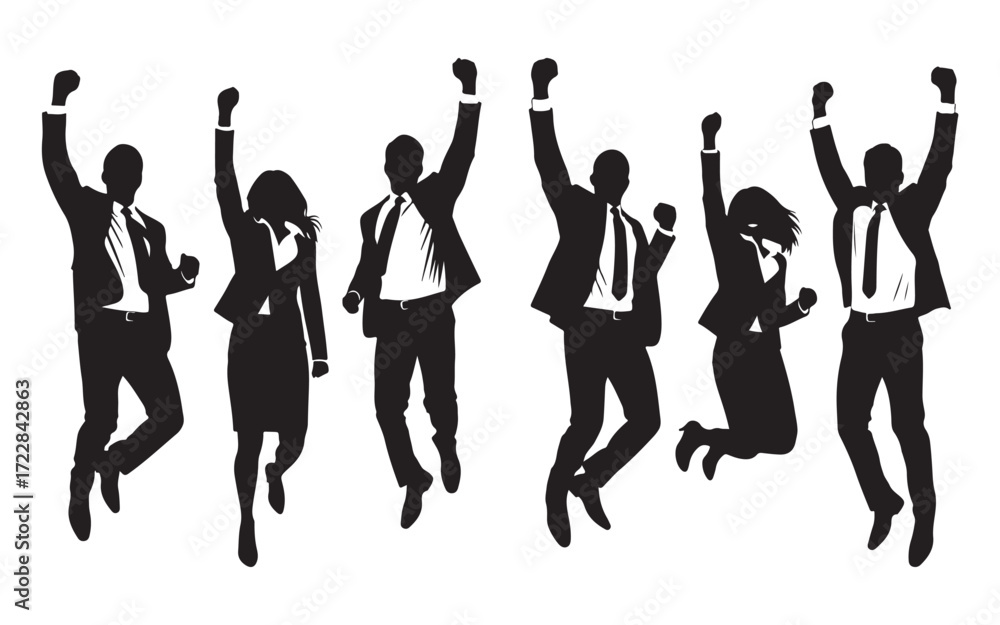 Fototapeta premium A group of diverse business people in silhouette, jumping joyfully with their arms raised in celebration.