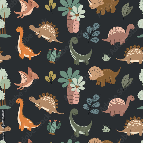 A seamless pattern featuring various colorful  dinosaurs, palm trees, leaves, cacti, and prehistoric elements on a dark background. I