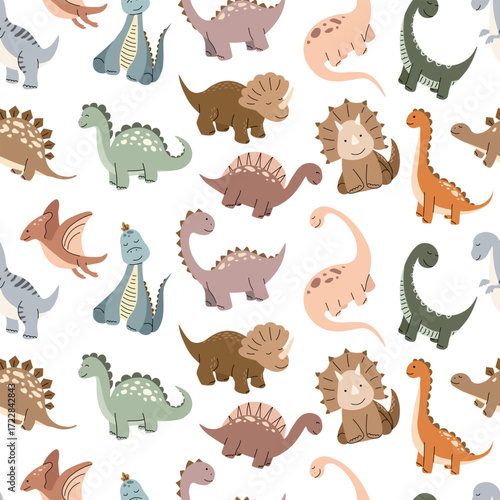 Seamless pattern featuring a variety of hand-drawn cartoon dinosaurs in soft, earthy colors on a white background.