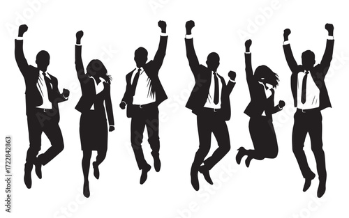 A group of diverse business people in silhouette, jumping joyfully with their arms raised in celebration.