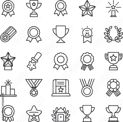 Excellence Icons Collection: A meticulously crafted set of icons portraying an array of awards and celebratory symbols, perfect for any project seeking visuals