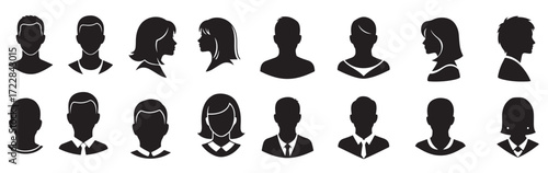 Silhouettes of diverse people, including men and women, in various poses and attire, against a white background.