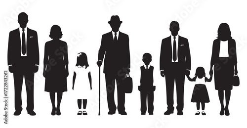 Black silhouettes of a multi-generational group of people including men, women, children, and an elderly person.