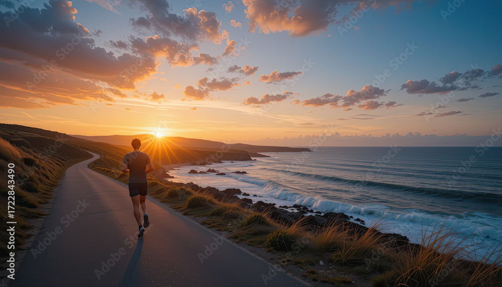 Fototapeta premium This image shows a scenic coastal landscape at sunset