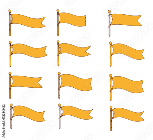 A collection of twelve blank orange banners on wooden poles, arranged in a grid of four rows and three columns.