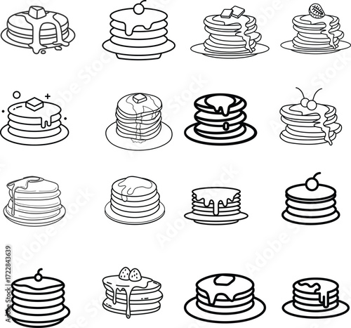 vector pancake stacks Delicious Pancakes Line Art
Seamless pattern of of pancakes in doodle style. Single pancake. Bakery. Sweet food. Vector illustration
