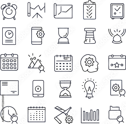 Time Management Icon Set: A collection of meticulously crafted black and white icons representing various aspects of time management and productivity. Each icon tells a story.