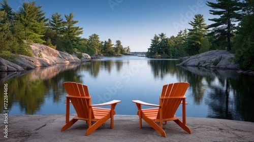 Empty camp chairs invite relaxation by the serene lake shore surrounded by lush green trees on a clear, peaceful day