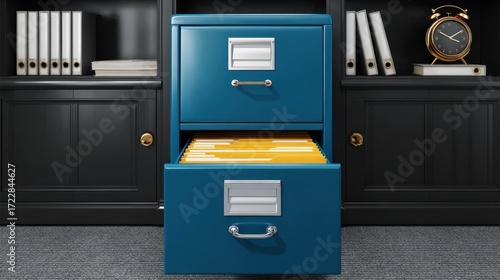 Bright blue filing cabinet stands out with open drawer revealing neatly organized files in a modern office setting