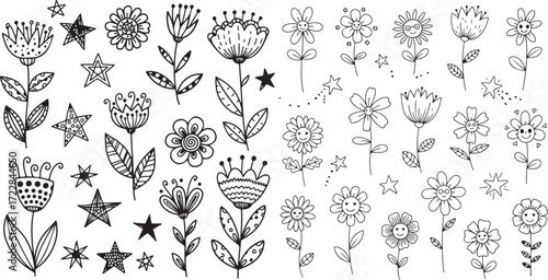 Whimsical Doodle Flowers and Stars Line Art Collection