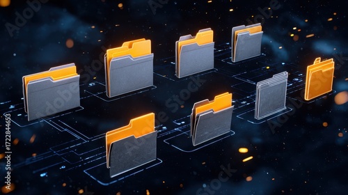 Exploring the intricate network grid displaying vibrant files and folders illuminated against a dark backdrop, representing organized data flow and connectivity in digital ecosystems