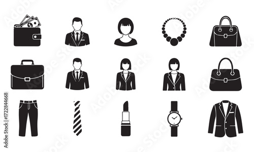 A collection of black and white glyph icons representing business attire and fashion accessories for men and women.