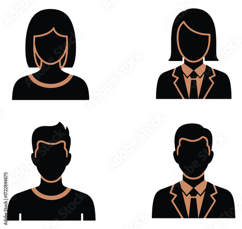 Four silhouette icons representing diverse people: two women (one casual, one business) and two men (one casual, one business), with a brown outline.