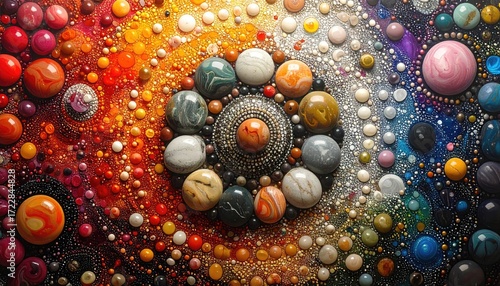 Colorful, textured art piece.  A circular design with many small, round objects in various colors, textures, and shades