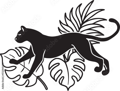 Black Panther Silhouette Among Tropical Leaves big cat