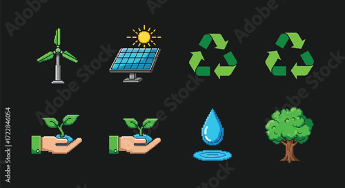 A collection of eight pixel art icons representing environmental themes like renewable energy, recycling, water conservation, and planting trees.