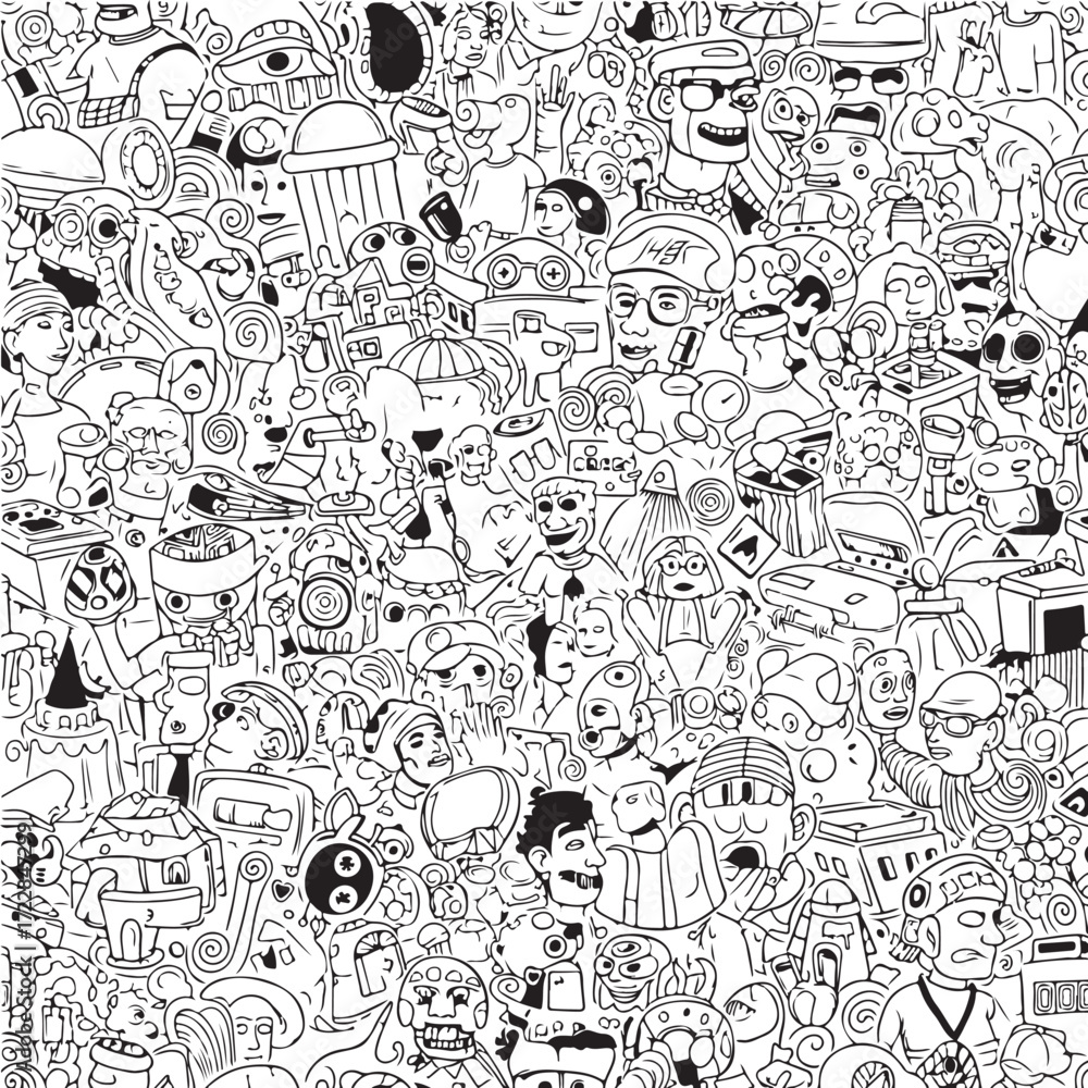 Obraz premium Detailed Monochromatic Hand-Drawn Doodle Art with Diverse Characters and Objects