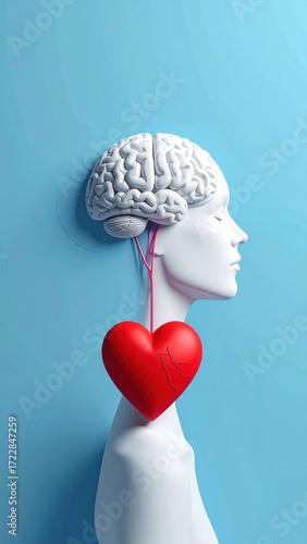 Minimalist image of a white statue-like head and shoulders, with a red heart hanging in place of the throat and a brain where the head should be